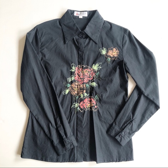 Black Floral Embroidery Cotton Button Down Shirt S - Picture 4 of 10